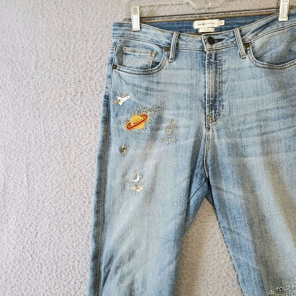 MM Vintage Women's Flare Raw Hem Embroidered Rocket Ship Sun Rainbow Jeans 29 - Picture 3 of 11